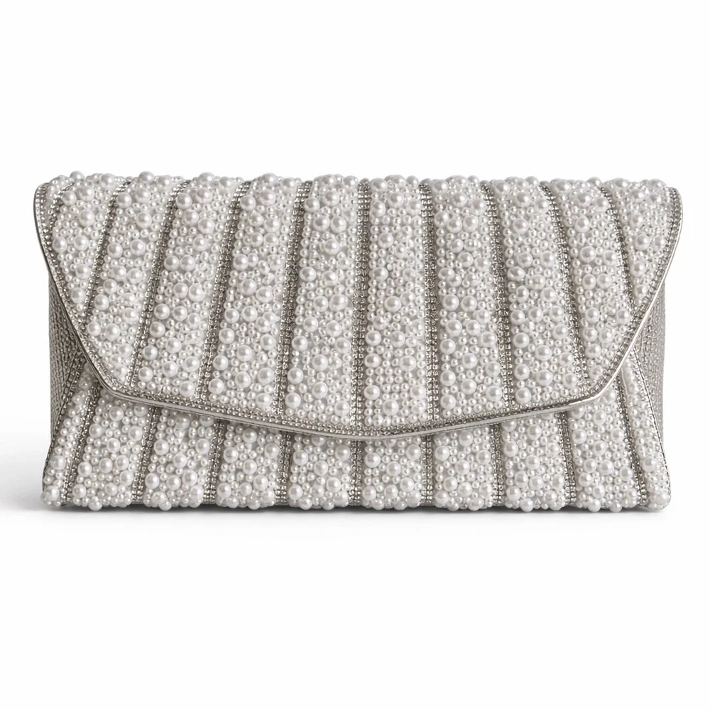 Silver Shimmer & Pearl Envelope Clutch | Convertible Shoulder or Clutch